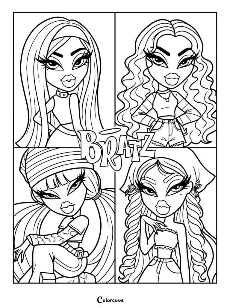 Página para colorear de Bratz con retratos de Sasha, Cloe, Yasmin y Jade en cuatro paneles separados con el logo de Bratz en el centro.