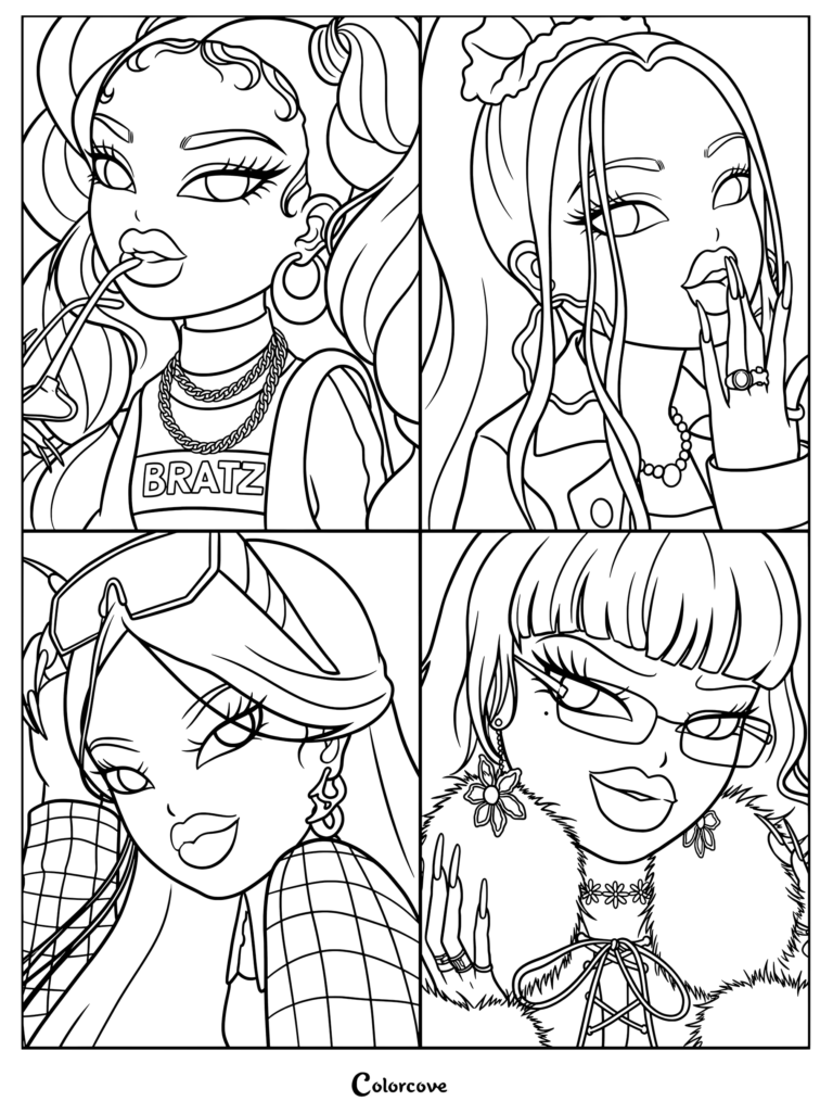 Una página para colorear de Bratz de cuatro paneles con retratos de Sasha, Cloe, Yasmin y Jade con accesorios elegantes y atuendos a la moda.