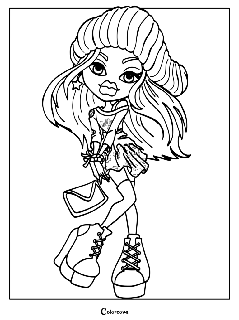Cloe 2015 con un gorro, falda estampada y botas de plataforma en esta página para colorear de Bratz imprimible.