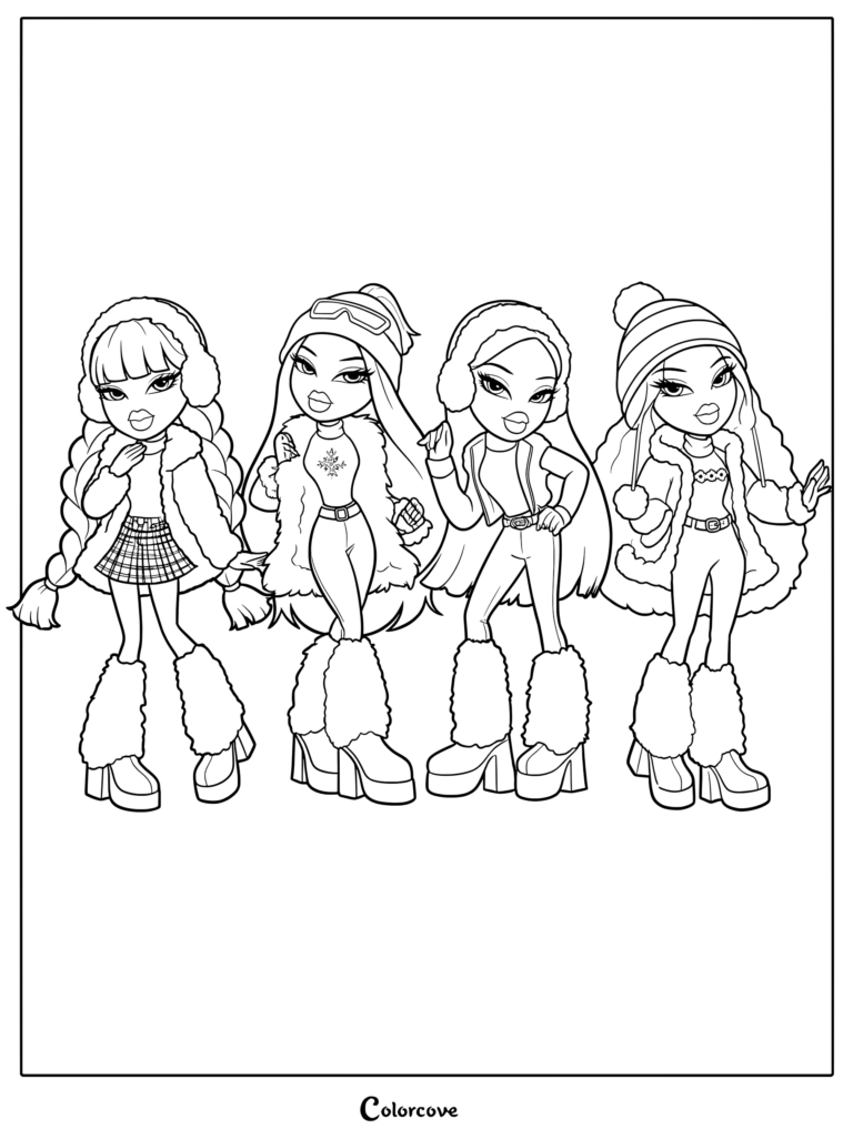 Sasha, Cloe, Yasmin y Jade con atuendos de invierno, orejeras, gorros y botas forradas de piel en esta página para colorear imprimible.