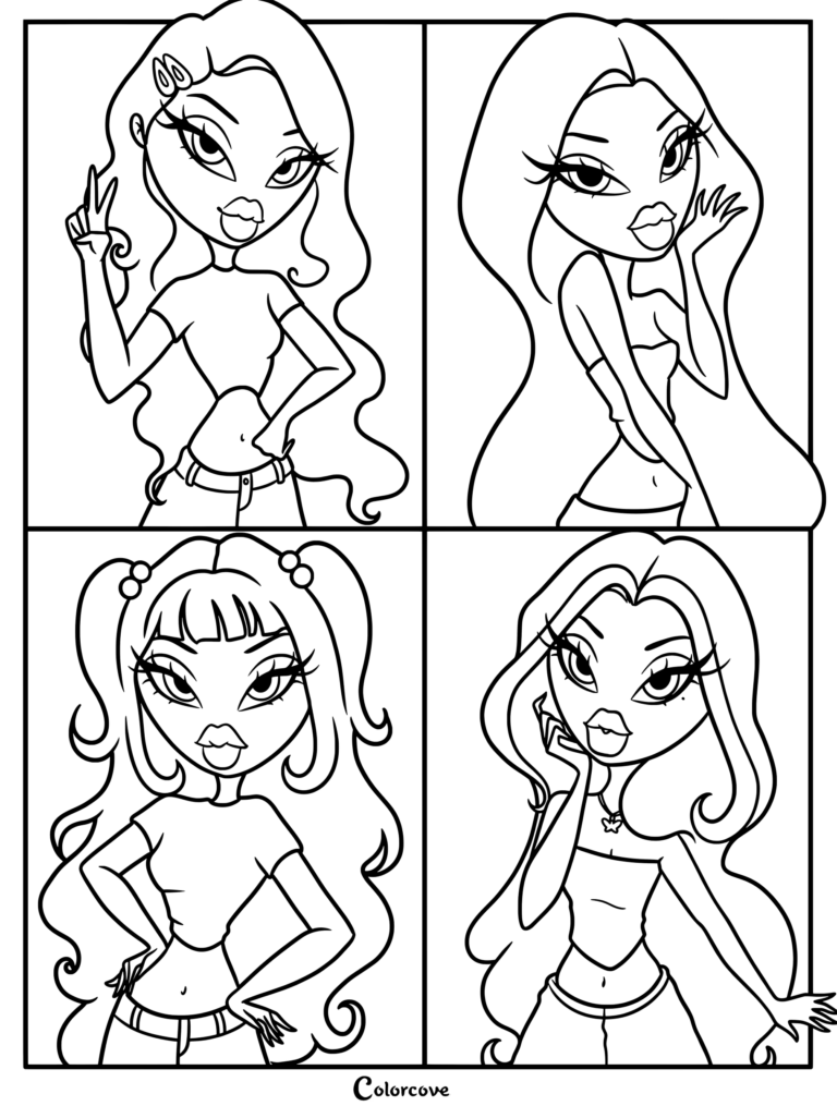 Bratz Sasha, Cloe, Yasmin y Jade en una página para colorear de cuatro paneles que presenta a cada personaje posando con peinados y atuendos distintivos.