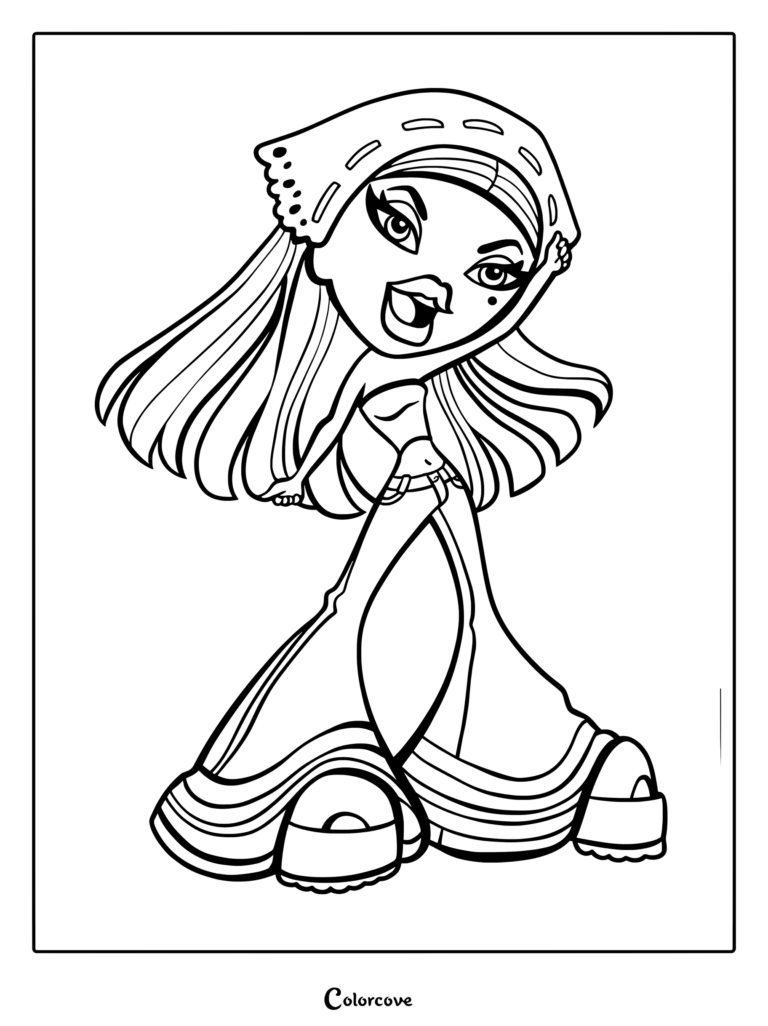 Yasmin 2001 luciendo un pañuelo en la cabeza y vaqueros acampanados en esta página para colorear imprimible.