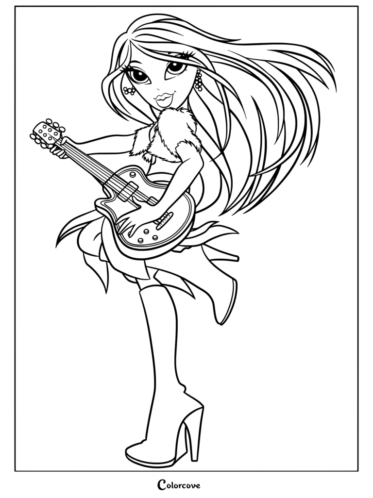 Yasmin 2008 tocando una guitarra eléctrica con un atuendo con ribetes de piel, presentada en una página para colorear de arte lineal imprimible.