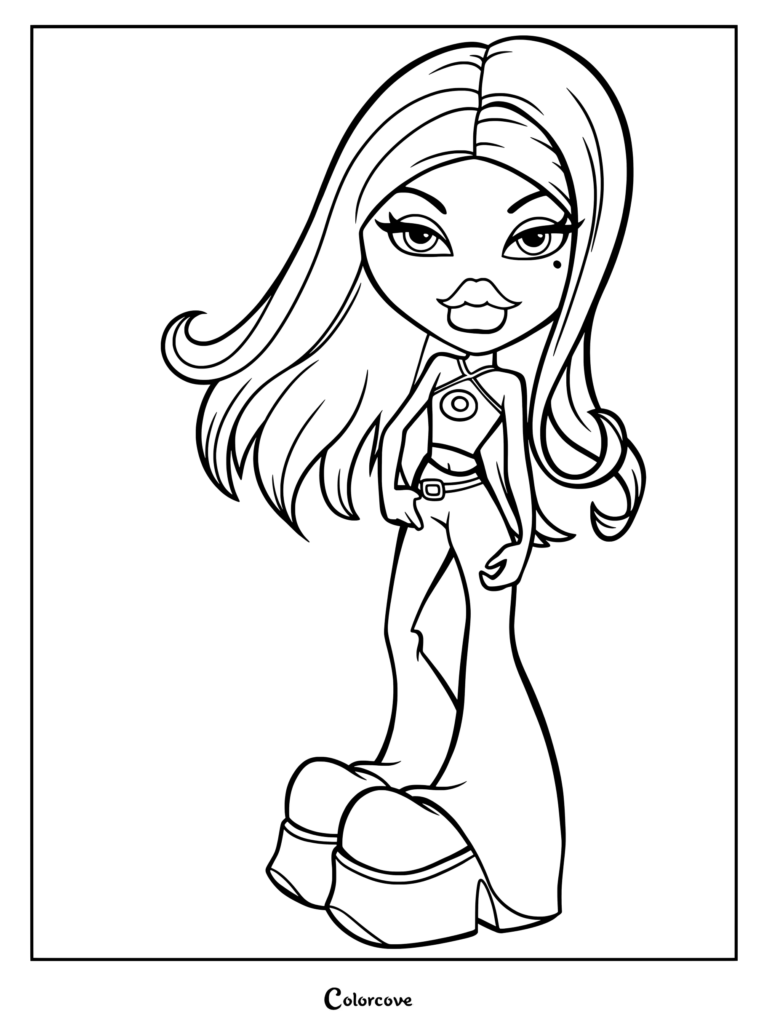 Muñeca Yasmin 2020 de Bratz con cabello largo y suelto, luciendo un top halter y pantalones acampanados en una página para colorear imprimible.