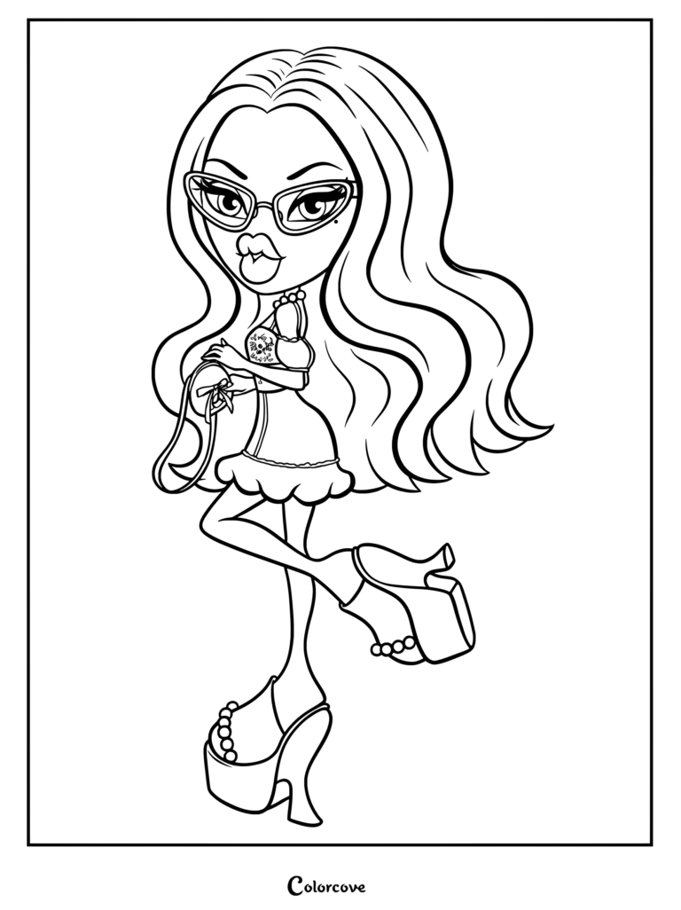 Yasmin 2025 con gafas de ojo de gato y tacones de plataforma en una página para colorear imprimible.