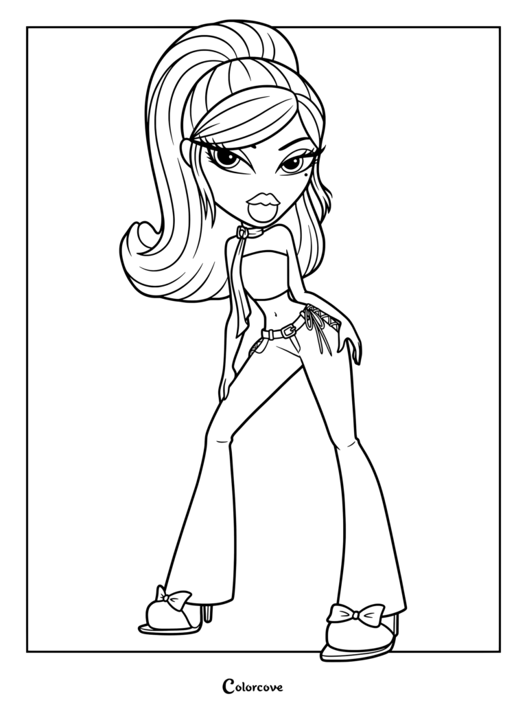 Yasmin 2026 de Bratz con un top palabra de honor y jeans acampanados en una pose elegante, página para colorear imprimible.
