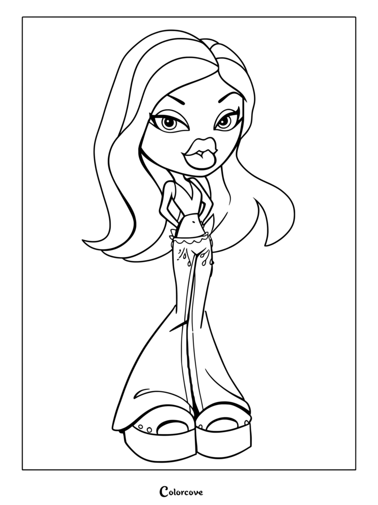 Personaje Cloe 2021 de Bratz con cabello largo y suelto y zapatos de plataforma en formato de página para colorear imprimible.