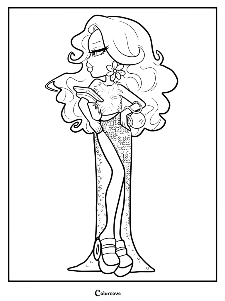 Personaje Cloe 2022 de Bratz con una falda de lentejuelas y top de piel en esta página para colorear imprimible.