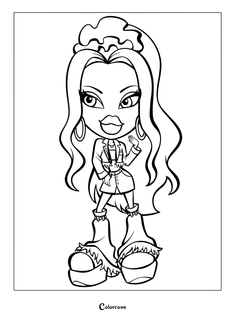 Personaje Cloe 2023 de Bratz con una chaqueta corta y botas de plataforma en esta página para colorear imprimible.