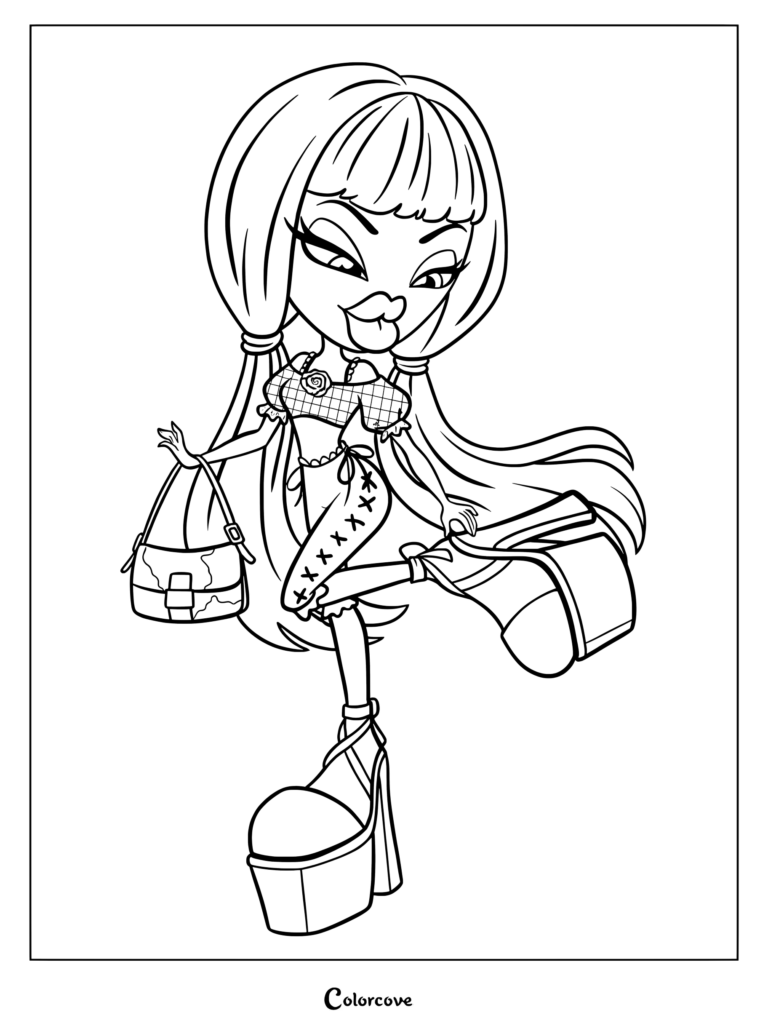 Cloe 2025 con un top a cuadros y falda con cordones, zapatos de plataforma y un bolso en esta página para colorear de Bratz.