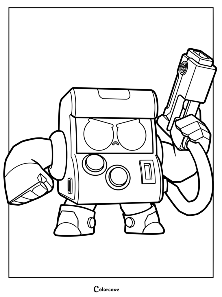 8-Bit from Brawl Stars holding his laser blaster in a printable coloring page format.