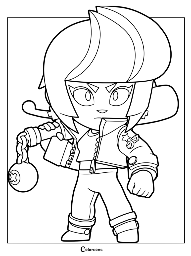 Bibi from Brawl Stars holding her signature bat with a ball and chain, detailed line art coloring page.