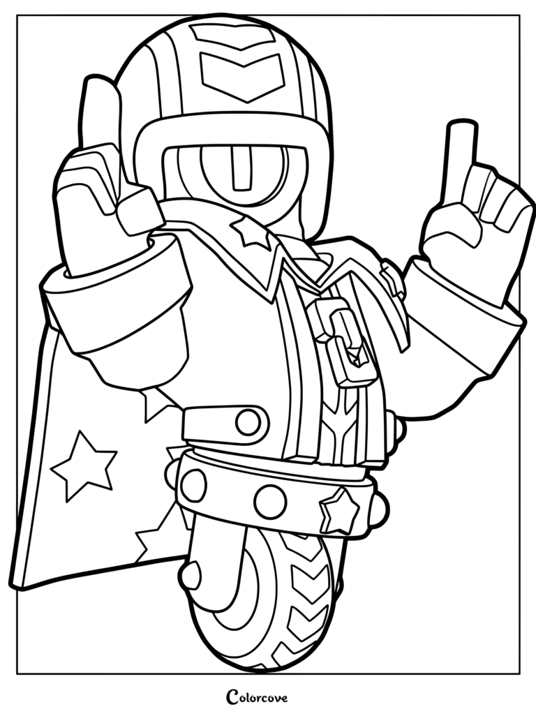 Stu from Brawl Stars wearing a stuntman helmet and cape, pointing both fingers upward in a coloring page illustration.