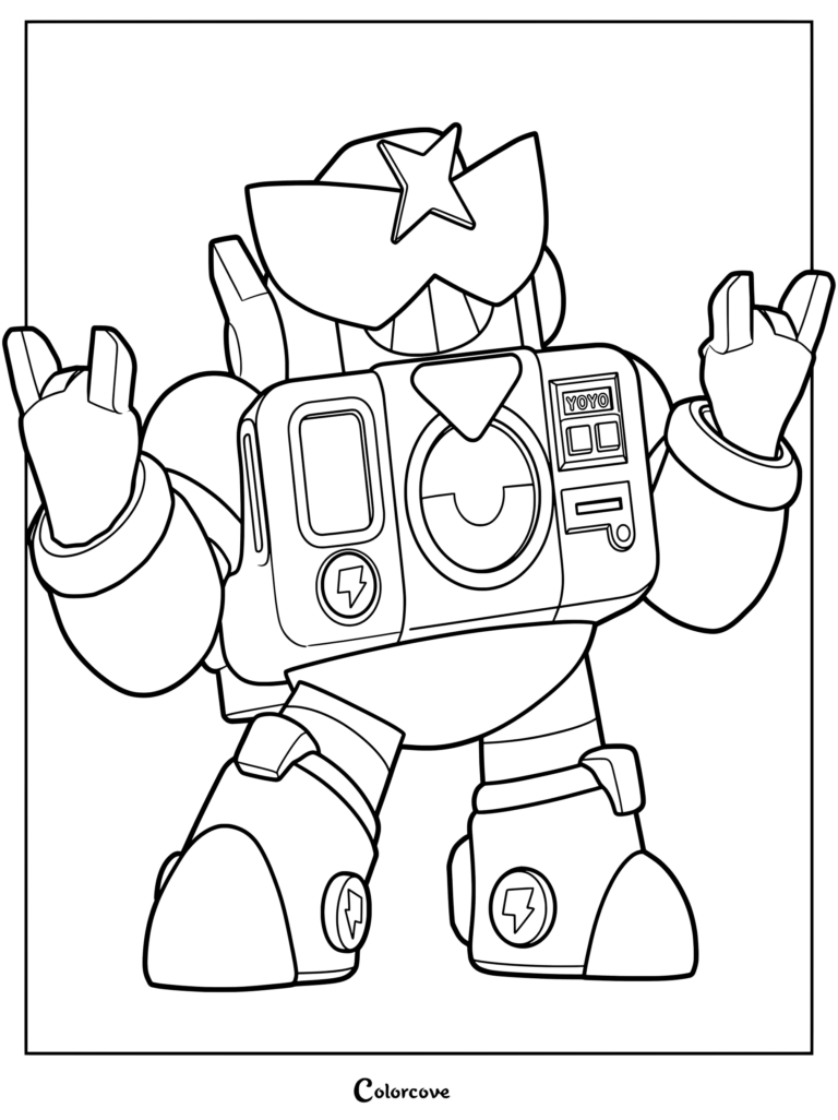 Brawl Stars Surge character coloring page showing the robot hero with a star visor and YOYO chest plate making rock and roll hand signs.