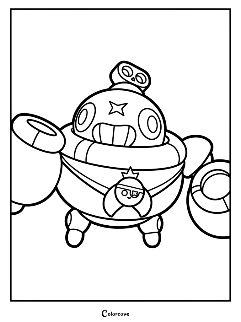 Tick from Brawl Stars with his signature mine headpiece and round body in a black and white coloring page line art style.