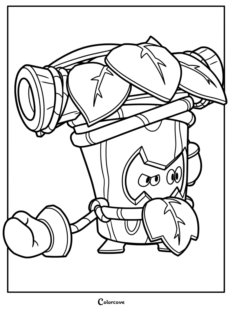 Brawl Stars Trunk character coloring page featuring a wooden plant-themed turret with leafy details and a determined expression.