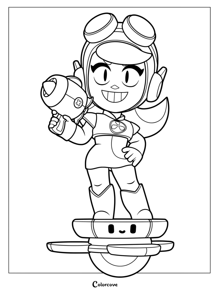 Wendy from Brawl Stars holding her blaster while standing on a hoverboard, detailed line art coloring page.