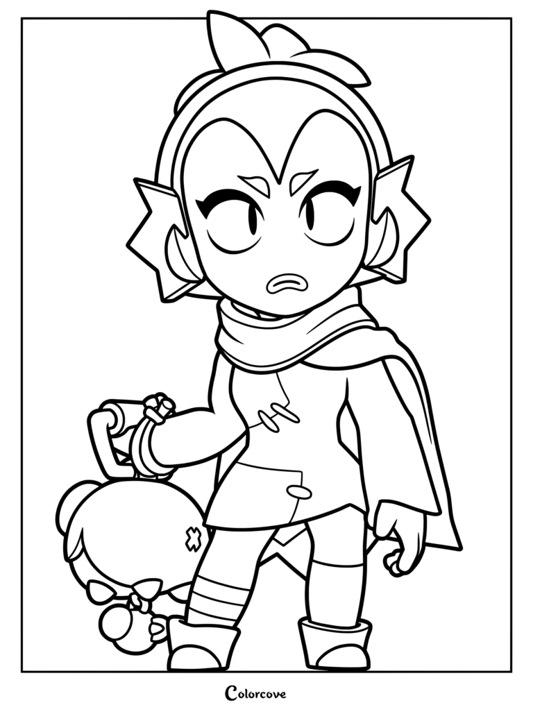 Willow from Brawl Stars holding her lantern in a detailed line art coloring page.