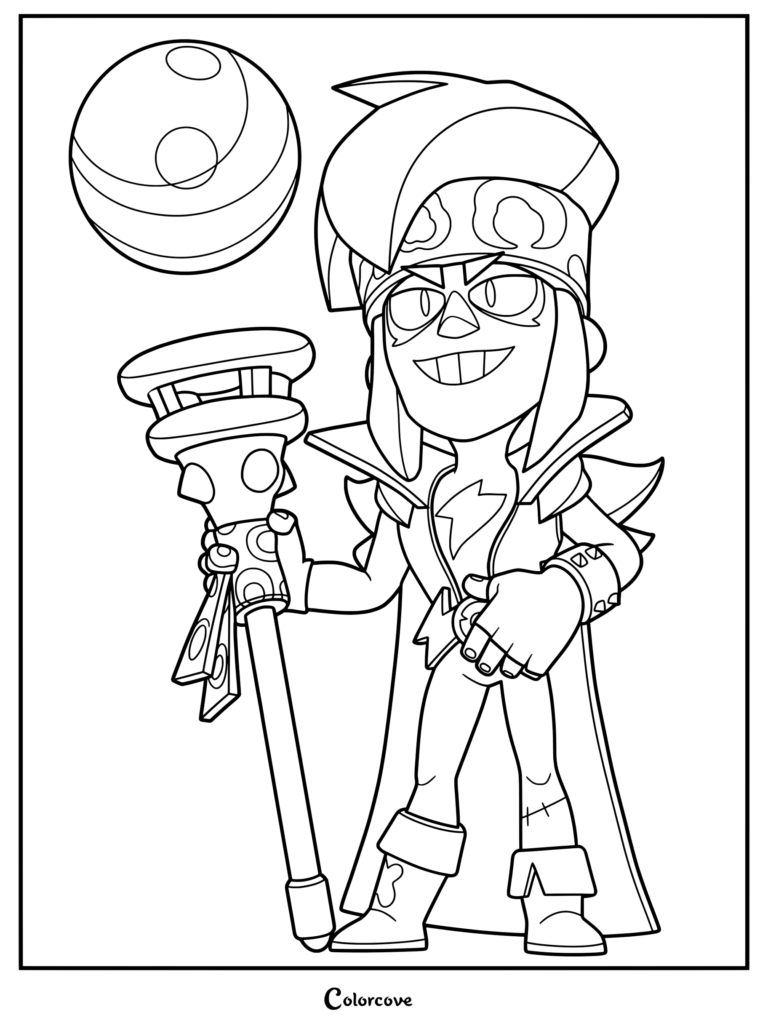 Ziggy from Brawl Stars holding a magical staff with a floating orb, detailed line art coloring page.