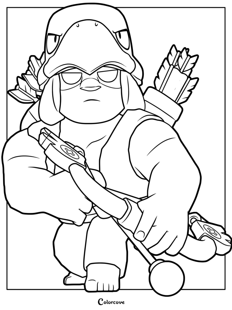 Bo from Brawl Stars wearing his eagle helmet and holding a bow, printable coloring page.