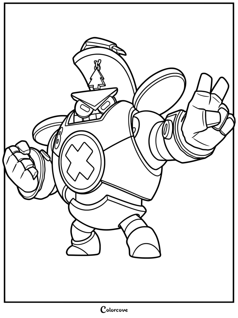 Brawl Stars Bolt character making a peace sign gesture in a detailed line art coloring page.