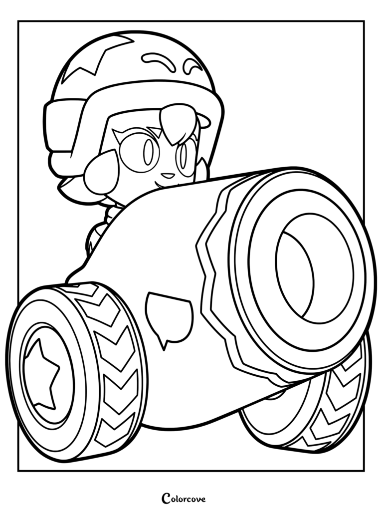 Bonnie from Brawl Stars wearing her helmet and riding inside her Clyde cannon in this printable coloring page.