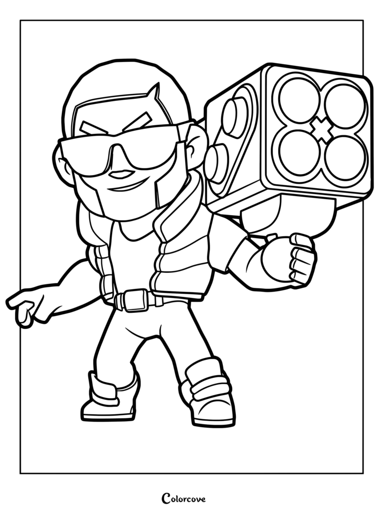 Brawl Stars character Brock wearing sunglasses and holding his signature rocket launcher in this printable coloring page.