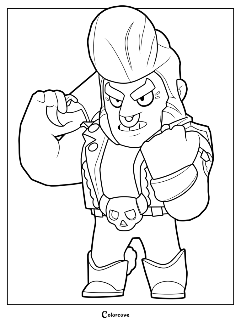 Bull from Brawl Stars with his signature pompadour hairstyle and leather jacket in a printable coloring page format.