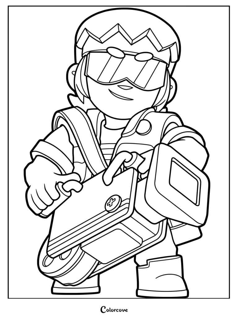 Buster from Brawl Stars wearing his signature cap and visor holding his projector equipment in a detailed line art coloring page.