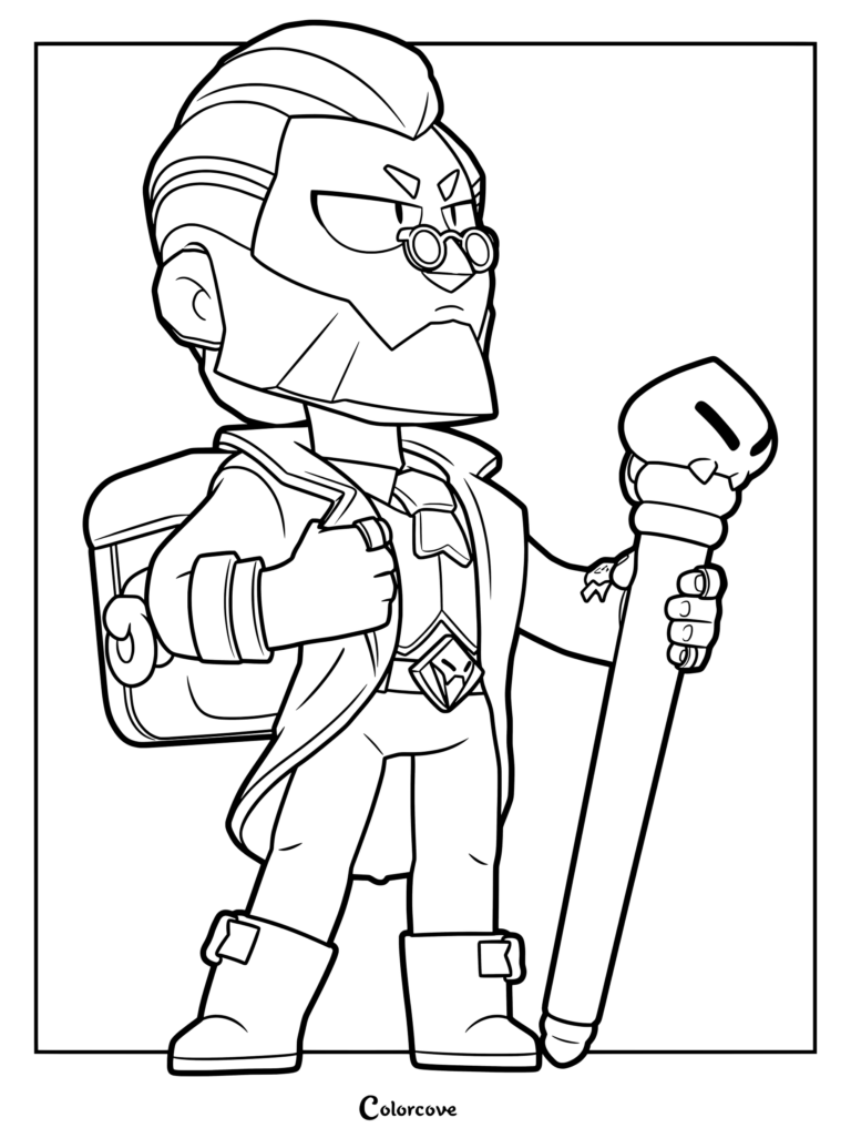 Byron from Brawl Stars holding his signature staff and wearing a backpack in this detailed line art coloring page.