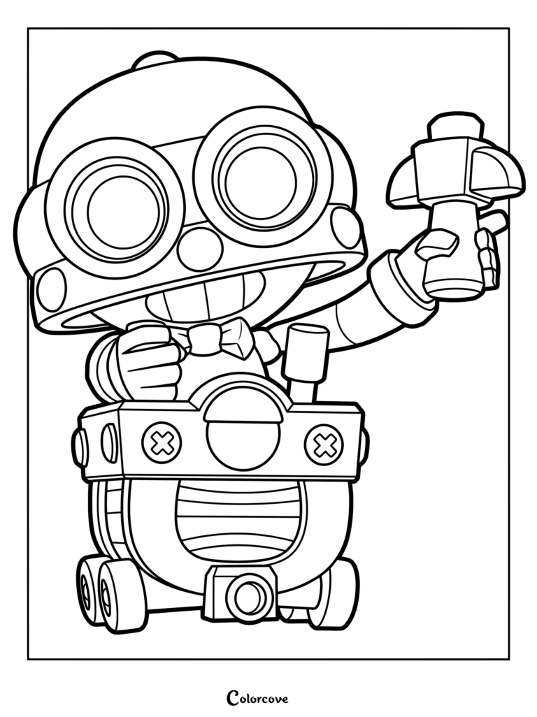 Brawl Stars character Carl in his mine cart holding his pickaxe, detailed line art coloring page.