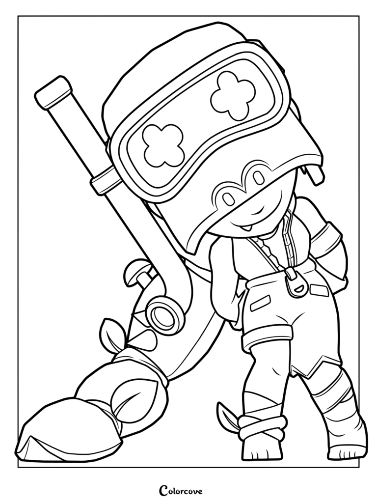 Brawl Stars Alli character wearing large goggles and leaning against a giant snorkel coloring page