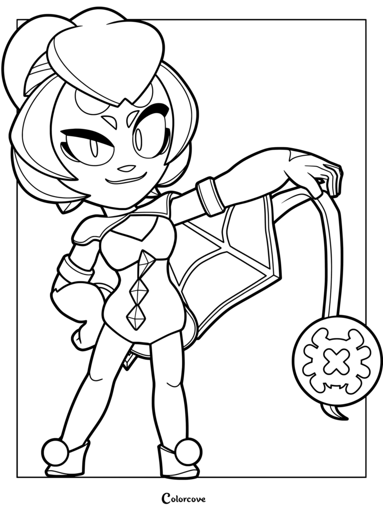 Charlie from Brawl Stars holding her signature yo-yo weapon in a dynamic pose, printable coloring page.