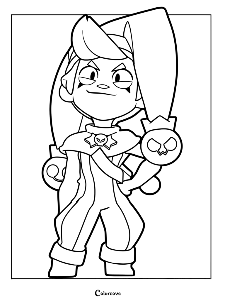 Chester from Brawl Stars wearing his jester hat and skull collar in a printable coloring page.