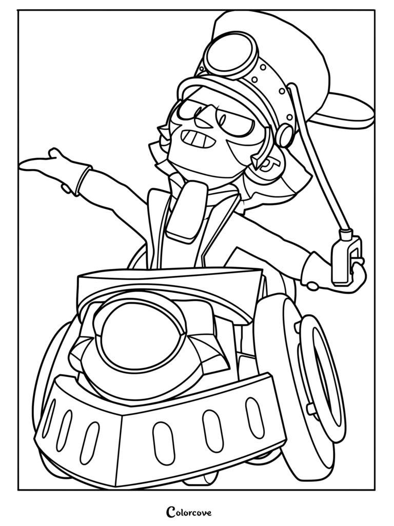 Chuck from Brawl Stars wearing a conductor hat and goggles while driving his steam train vehicle in this printable coloring page.