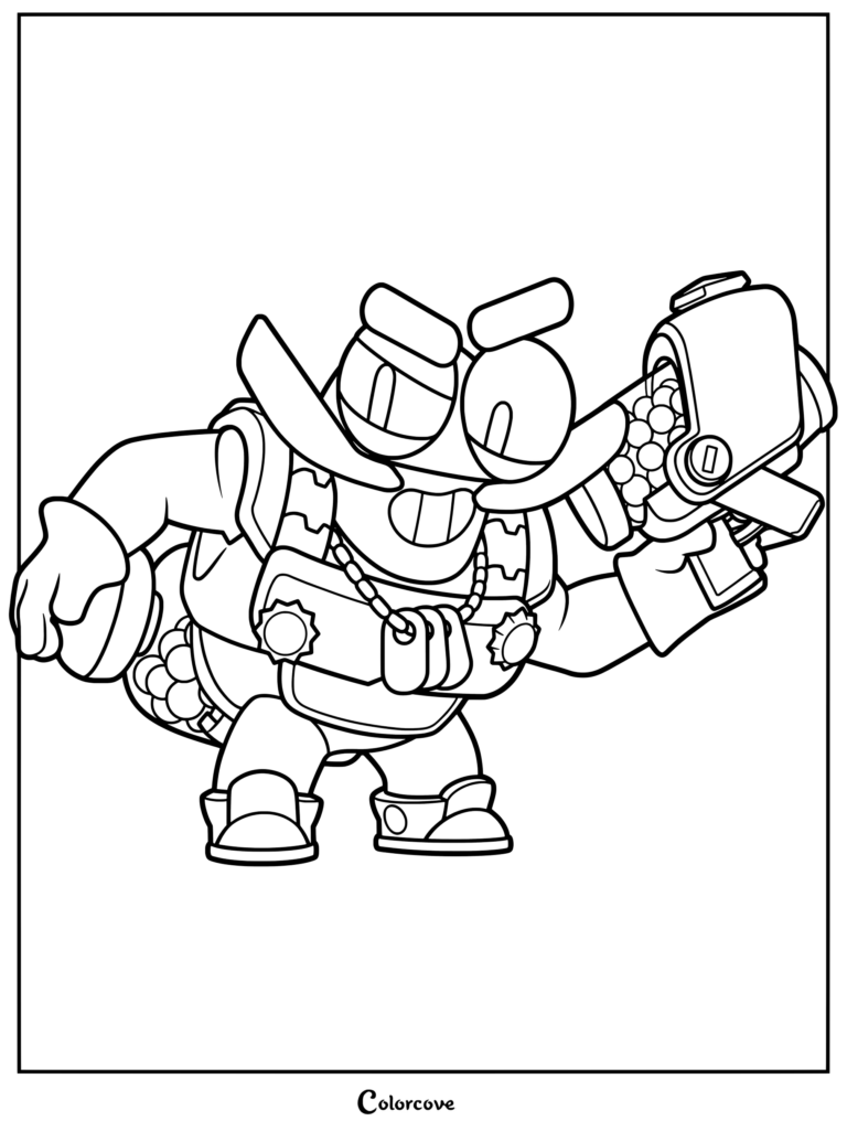 Clancy from Brawl Stars holding his signature weapon in a detailed black and white coloring page.