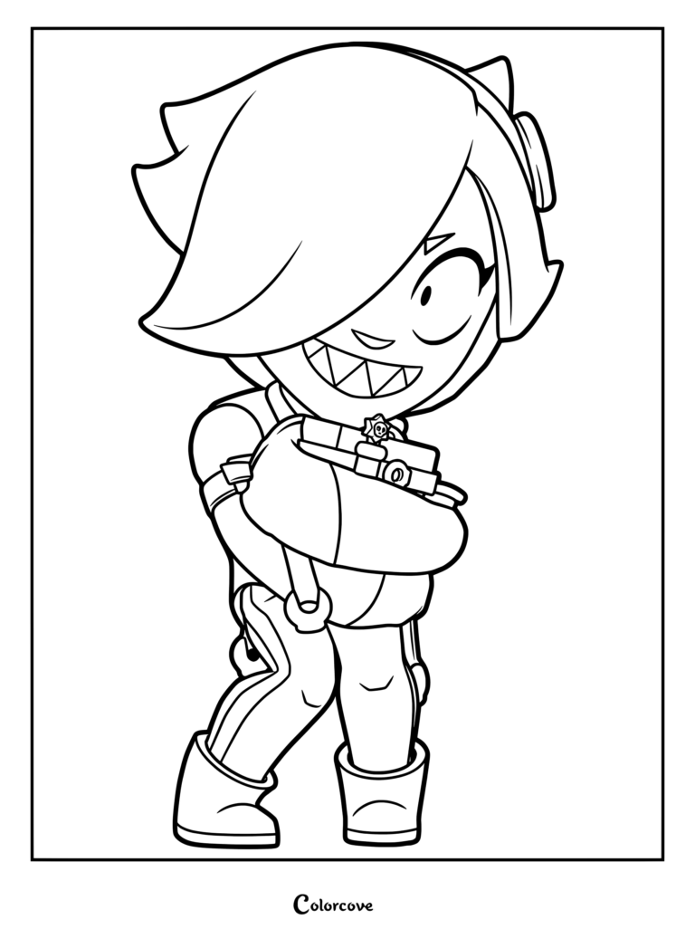 Colette from Brawl Stars holding her scrapbook, detailed line art coloring page