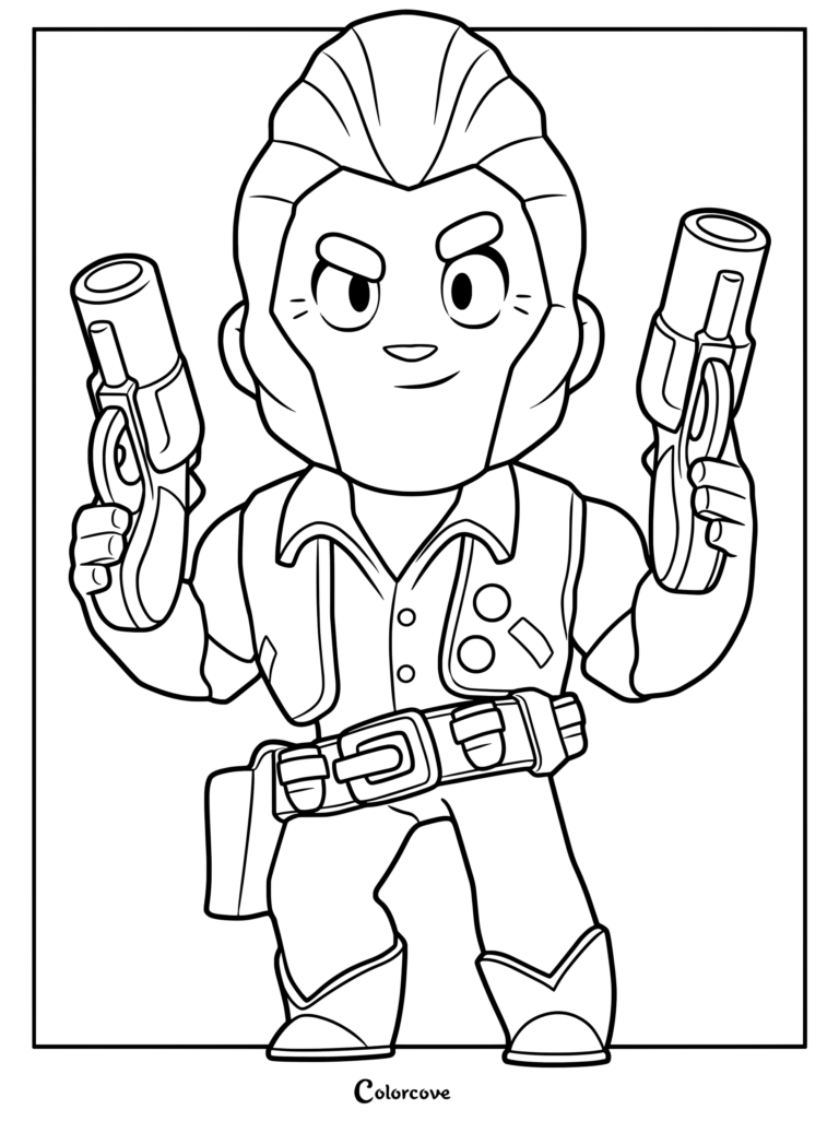Colt from Brawl Stars holding his signature dual revolvers in a printable coloring page format.