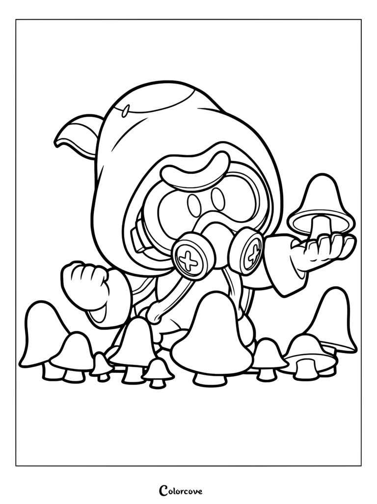 Cordelius from Brawl Stars wearing a hood and gas mask, holding a mushroom in a field of mushrooms, printable coloring page.