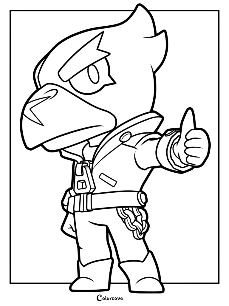 Brawl Stars Crow character coloring page showing the bird-like brawler giving a thumbs up gesture while wearing his signature leather jacket.