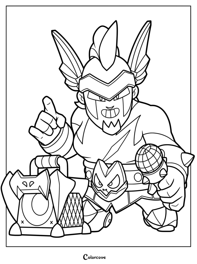 Damian from Brawl Stars wearing a winged helmet and holding a microphone next to a speaker, detailed line art coloring page.