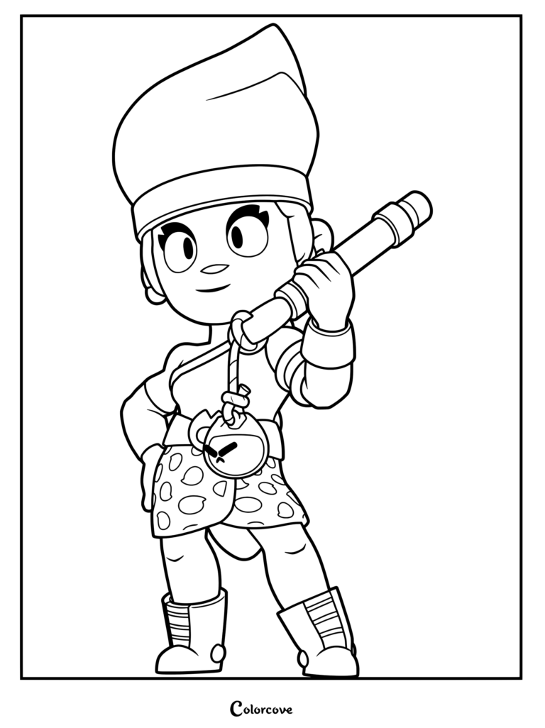 Amber from Brawl Stars holding her signature fire torch in a detailed line art coloring page.