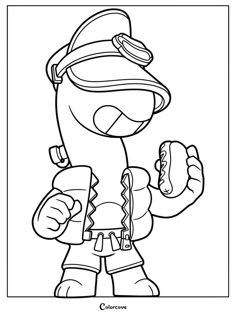 Doug from Brawl Stars wearing a cap and holding a hot dog in this printable coloring page.