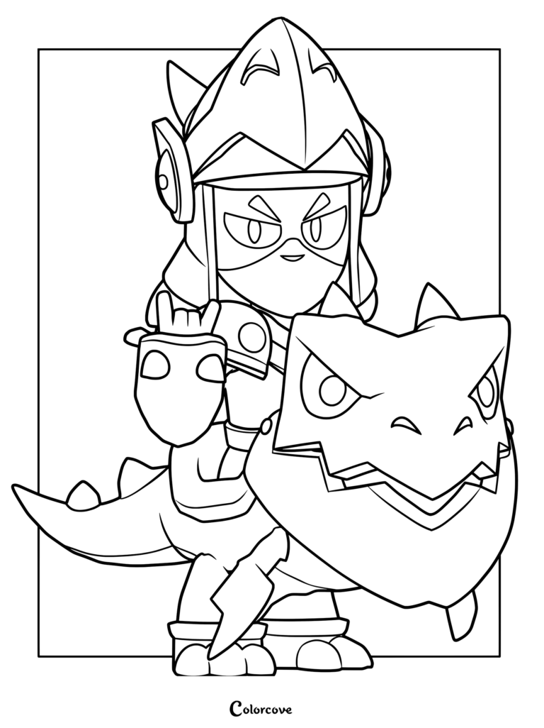 Draco from Brawl Stars wearing a knight helmet and riding a dragon puppet, line art coloring page.