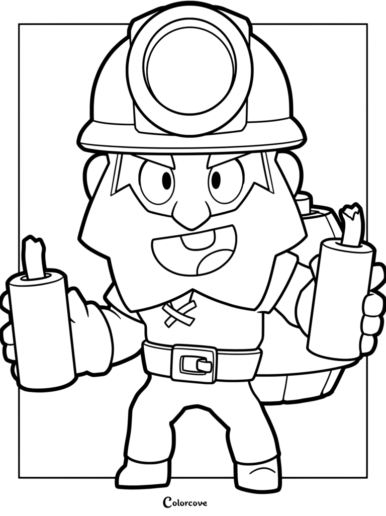 Dynamike from Brawl Stars holding two lit sticks of dynamite, wearing his signature miner helmet and outfit in this printable coloring page.