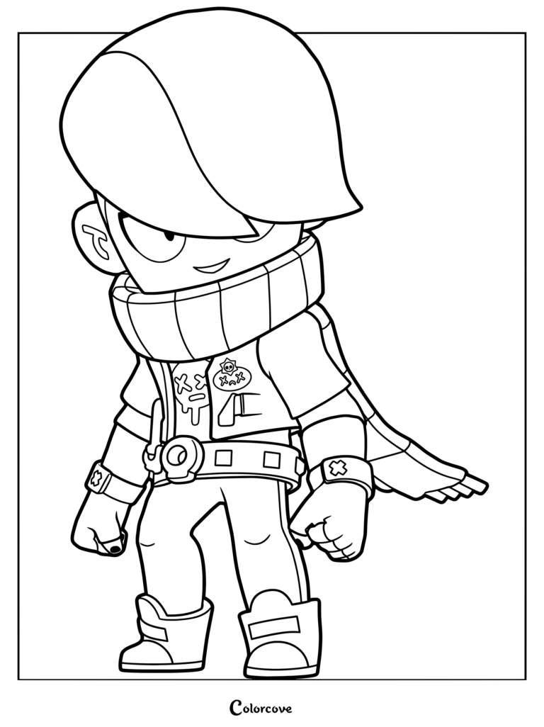 Edgar from Brawl Stars wearing his signature scarf and jacket in a printable coloring page format.