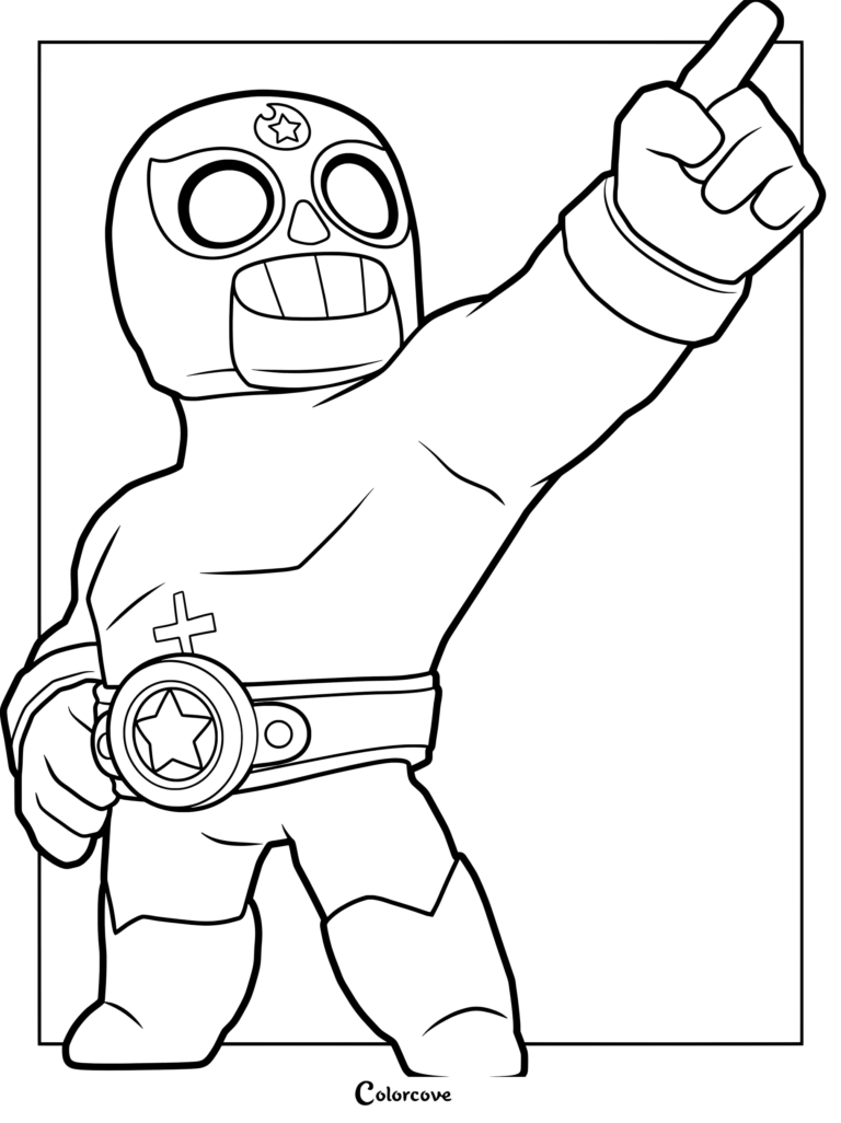 El Primo from Brawl Stars wearing his wrestling mask and championship belt, pointing upward in this printable coloring page.