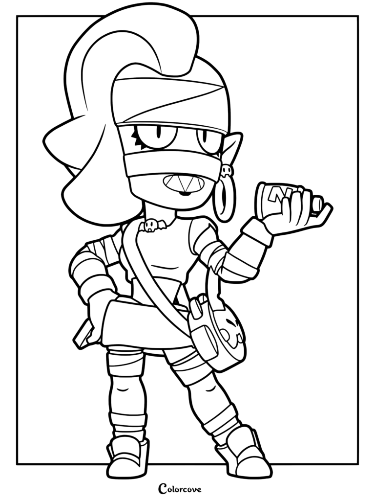 Emz from Brawl Stars holding her signature hairspray bottle, detailed line art coloring page.