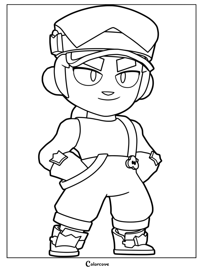 Fang from Brawl Stars wearing his signature cap and outfit in a detailed line art coloring page.