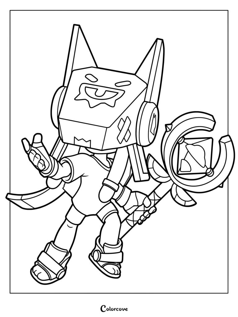 Finx from Brawl Stars wearing a box mask and holding a magical staff in this printable coloring page.